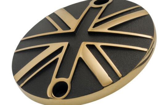 Motone Clutch (LHS)Cover/Badge - Union Jack - 2 Tone Brass & Black Triumph Bonneville, T100, T120, Street Twin, Street Cup, Street Scrambler, Scrambler 1200, Bobber, Thruxton, Speedmaster, Speed Twin