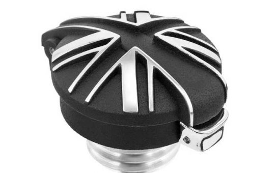 Monza Gas Cap Kit BLACK UNION JACK CONTRAST POLISHED for the Triumph Bonneville, Scrambler, Thruxton, Speedmaster, Thunderbird and Legend, T120, T100, Street Twin, Street Scrambler, Street Cup and Bobber