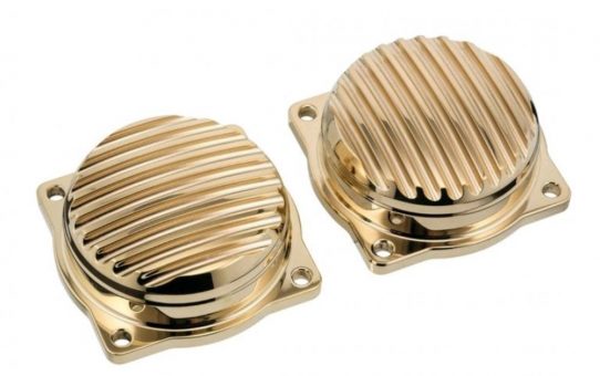 Motone Finned Carburetor Tops Contrast Cut Brass for the 2001-2007 Triumph Bonneville, Thruxton, Scrambler, America and Speedmaster